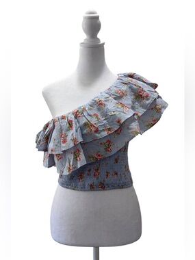 NWOT Abercrombie & Fitch Asymmetrical Floral Ruffle Top - Blue - Size small